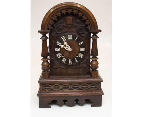 A good Black Forest mantel Cuckoo Clock with 2 train JNGHANS movement chiming on a gong with pull repeat. 6" dial Contained i