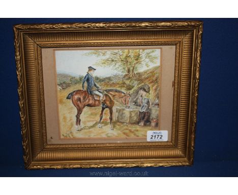 A Watercolour of a Horse and Trough, and a hand-painted Pheasant on a piece of wood.