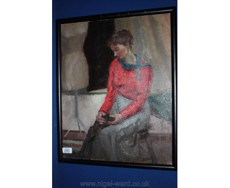 An Oil on canvas of a seated model in a studio with mannequin, 50 x 40 cms