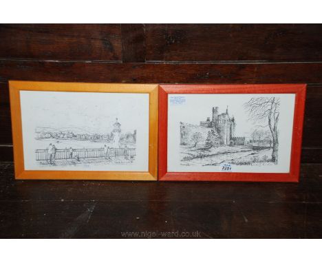 Two Framed R Bramley Pen & Ink Reproductions of Welsh Scenes - Roath Park & Cardiff Castle.