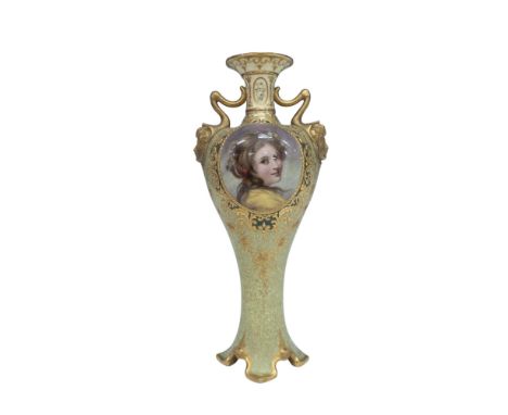 Stunning portrait vase depicting Lady Hamilton with green based vase body, raised relief gilded accents and double handles fe