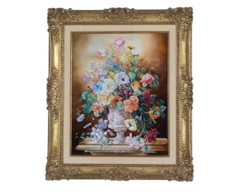 Boehm limited edition porcelain plaque featuring an exquisitely detailed and colored still-life bouquet of flowers set in a G