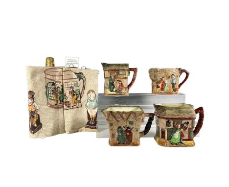 This delightful set of six Royal Doulton items includes four pitchers depicting scenes from Dickens works such as Peggotty, O