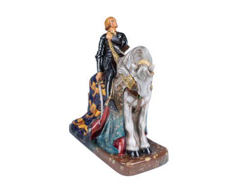 Rare figurine crafted of porcelain. Number HN2067. This large-scale figurine depicts St. George as an armored warrior with go