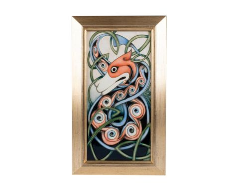 Housed in a gilded wooden frame. Features an English ceramic wall plaque with an unusual, unique design of a dragon. Excellen