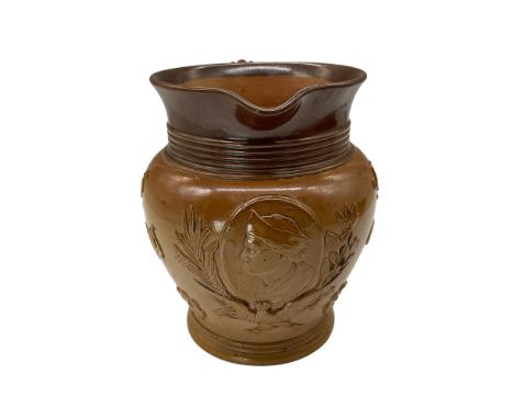 Brown salt-glazed jug with profile portrait of Columbus supported by an eagle and the inscription in white script, Christophe
