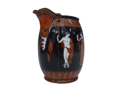 This pitcher features the Seriesware Egyptian pattern, showcasing Egyptian figures dressed in red against a black background.