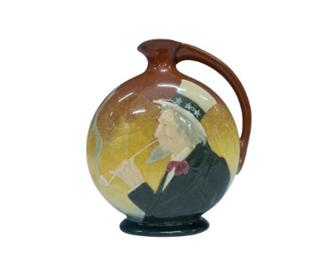 Flattened spherical form with the handle molded into the spout. One side depicts Uncle Sam in top hat and coat smoking a pipe