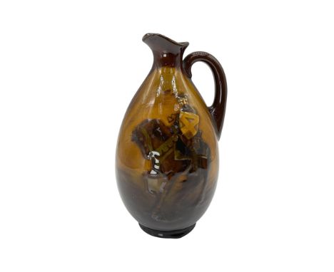 Dark, rich brown glaze; features a crusader on horseback in relief. A.C. 1913 on reverse. Royal Doulton backstamp. Greenless 