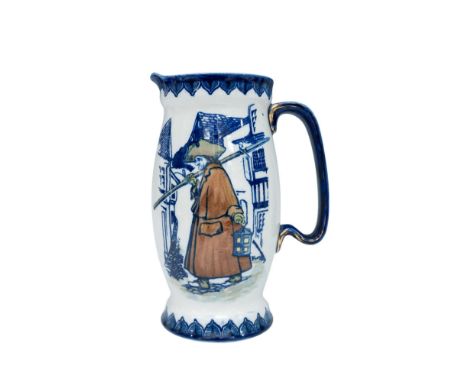 Handsome small pitcher from the Night Watchman Series Ware in blue and white. Small black scrolling the mouth of the pitcher 