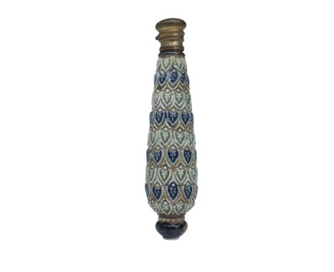 Small scent flask made of ceramic and decorated with raised relief designs and finished in blue and green glazes. Brass hinge