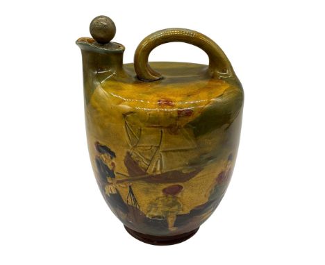 This flask features a greenish background with a scene on the front titled A Sailor's Story, showing two sailors in seventeen