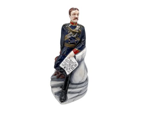 Hand modeled and hand painted military figure in dress uniform. He is shown leaning against the stair railing holding a lette