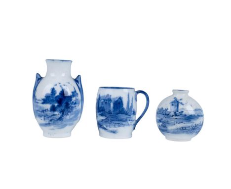 A set of four white and blue miniature items that includes two double handled vases, one bulb vase, and a mug, all painted wi