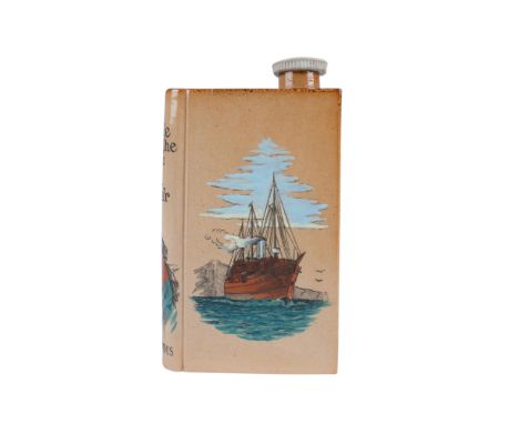 A stoneware flask shaped like a book showcases a boat on the cover, with a spine that reads A Ramble Round the Globe, T.R. De