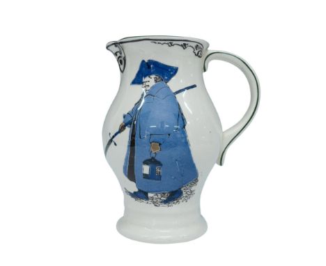 Beautiful flow blue pitcher with some gold on the handle and lip. Features a night watchman with a tan overcoat on one side a