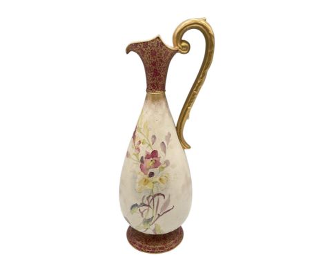 Hand decorated elegant pitcher. Hand painted flowers on the body, and gilt and maroon floral design on the neck and base. Art