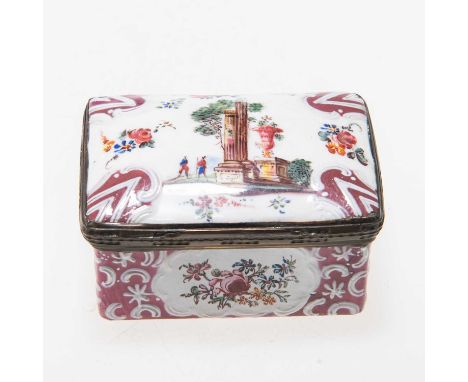 A BILSTON ENAMEL TABLE SNUFF BOX c.1780, rectangular, the hinged cover decorated with two figures by Classical ruins. 6.5cm w