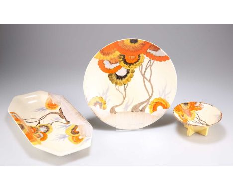 THREE PIECES OF CLARICE CLIFF BIZARRE RHODANTHE PATTERN TABLE WARES comprising A SANDWICH TRAY, 30cm by 15cm; A DISH, 23cm di