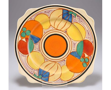A CLARICE CLIFF FANTASQUE ORANGE MELON PATTERN LEDA PLATE  Wilkinson Ltd backstamp. 25cm diameterSome light surface scratchin