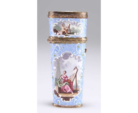 A BILSTON ENAMEL ETUI c.1780, decorated with allegorical scenes, fully fitted. 9.7cm high