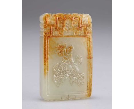 A CARVED JADE PENDANT PLAQUE rectangular form and carved with script to one side, depicting a figure riding upon a mythical b