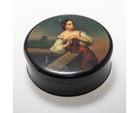 AN ENGLISH PAPIER-MÂCHÉ SNUFF BOX c.1800, of large proportions, circular with pull-off cover, painted with Rebecca at the Wel