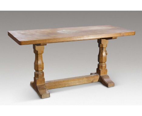 ROBERT THOMPSON OF KILBURN, A MOUSEMAN OAK COFFEE TABLE the adzed rectangular top raised on a refectory base, with carved mou