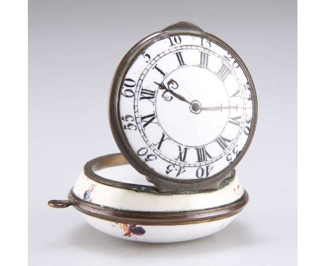 A BILSTON ENAMEL TOY WATCH BOX (FAUX MONTRE) c.1770, the dial with painted hands, the front opening. 4.5cm diameter