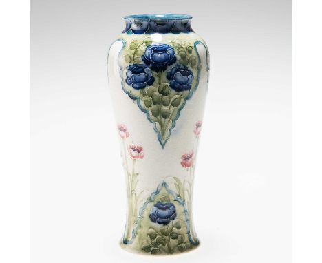 WILLIAM MOORCROFT, A FLORIAN WARE POPPY VASE c.1907, of baluster form, brown printed Macintyre mark and green painted signatu