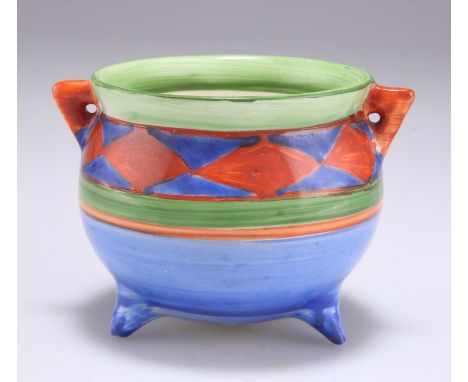 A CLARICE CLIFF ORIGINAL BIZARRE CAULDRON painted in tones of blue, green and red with a striped and lozenge geometric patter