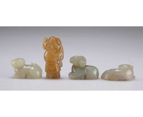FOUR SMALL CARVED JADE TOGGLE CARVINGS comprising A FIGURE HOLDING LINGZHI FUNGUS; A RAM; A CAT; andA MYTHICAL CREATURE. (4) 