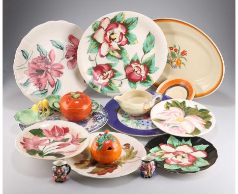 A QUANTITY OF CLARICE CLIFF TABLE WARES including A FANTASQUE BIZARRE ORANGE PATTERN PRESERVE POT, 10cm high; AN APPLE PATTER