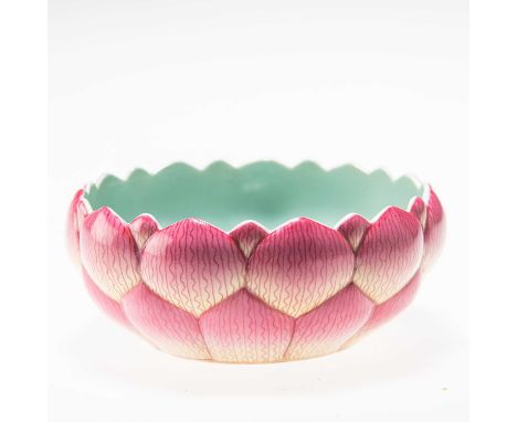 A CHINESE FAMILLE ROSE 'LOTUS' BOWL in the form of an open lotus flower, the heavily potted sides moulded as lotus petals, de