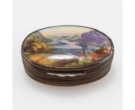 A 19TH CENTURY CONTINENTAL ENAMEL AND AGATE PILL BOX oval form, the cover enamelled depicting a rural townscape, Porta Westph