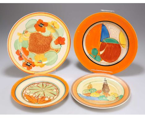 FOUR CLARICE CLIFF SIDE PLATES comprising A FANTASQUE BIZARRE MELON PATTERN SIDE PLATE, 20cm diameter; AN ORANGE BROTH PATTER