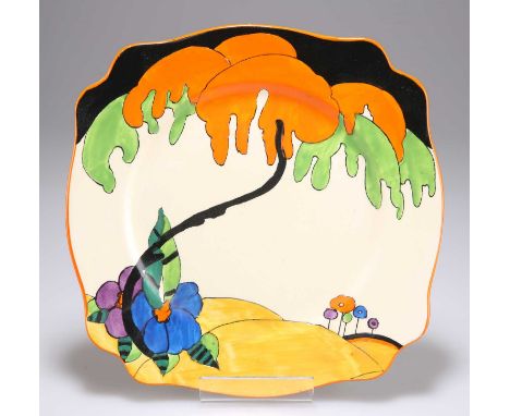 A CLARICE CLIFF WOODLAND PATTERN LEDA PLATE  Wilkinson Ltd backstamp. 25cm diameterLight scrazing and some surface scratching