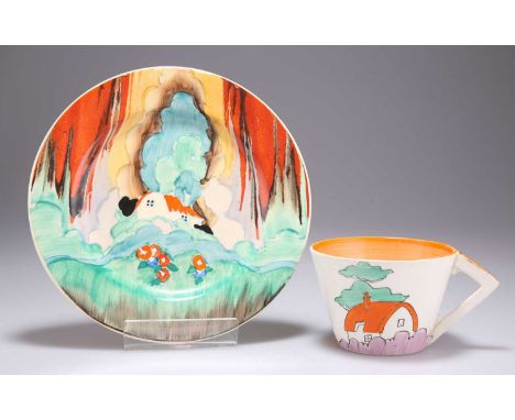 A CLARICE CLIFF FOREST GLEN PATTERN SIDE PLATE AND AN ORANGE ROOF COFFEE CUP side plate 17.5cm diameter, both with Wilkinson 