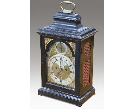 AN 18TH CENTURY EBONISED DOUBLE FUSEE BRACKET CLOCK, SIGNED JOHN DENE, LONDON 6¾-inch break-arch dial with date aperture and 