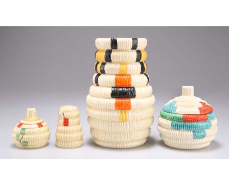 A GROUP OF CLARICE CLIFF BIZARRE RAFFIA CERAMICS comprising A 722 SHAPE VASE, 15.5cm high; A PRESERVE POT, 9cm high; and A SA