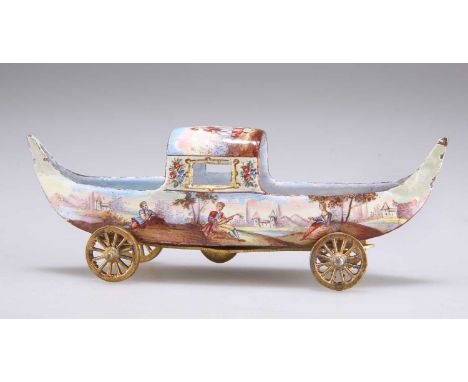 A VIENNESE ENAMEL AND GILT-METAL MOUNTED GONDOLA DISH late 19th Century, apparently unmarked. 11cm long