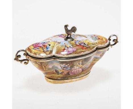 A VIENNESE ENAMEL AND SILVER-GILT TWO-HANDLED DISH AND COVER  by Ludwig Politzer, Vienna, late 19th Century, of lobed form, t