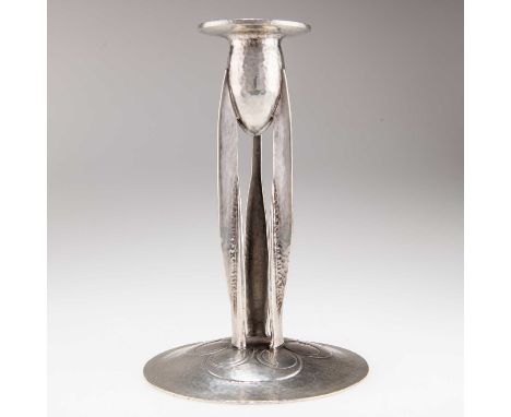 ARCHIBALD KNOX (1864-1933) FOR LIBERTY &amp; CO, A TUDRIC PEWTER CANDLESTICK no. 0223, the bullet-shaped candle cup with a br