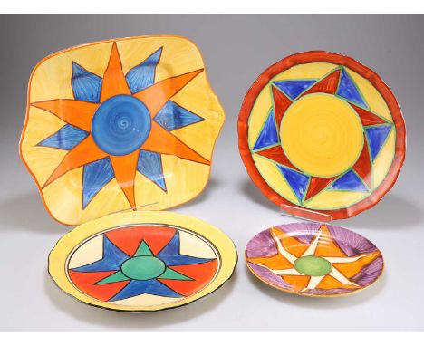 FOUR CLARICE CLIFF ORIGINAL BIZARRE PATTERN PLATES comprising A CAKE PLATE, 27cm diameter; TWO SCALLOP EDGE PLATES, 22.5cm di