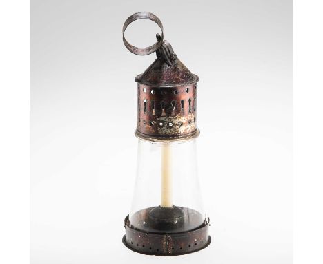 A VICTORIAN TOLEWARE AND GLASS LANTERN the conical lantern with detachable base and vented top, with loop carrying handle. Ap