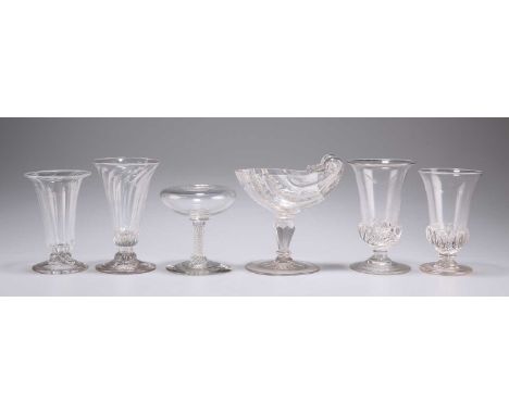 SIX VARIOUS ITEMS OF GEORGIAN AND LATER GLASS comprising TWO WRYTHEN MOULDED DWARF ALE GLASSES, with wrythen knopped stems, t