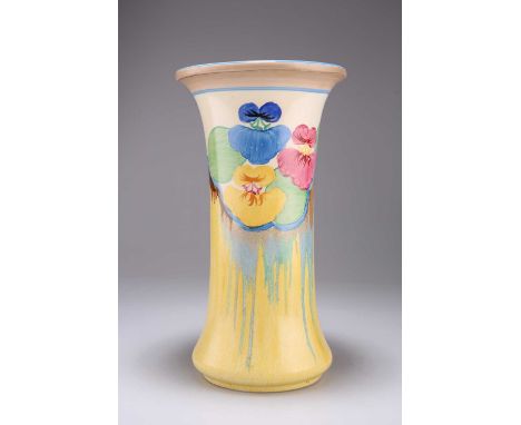 A CLARICE CLIFF BIZARRE DELICIA PANSIES PATTERN VASE trumpet form, Newport pottery backstamp. 28cm highSome light scratches t