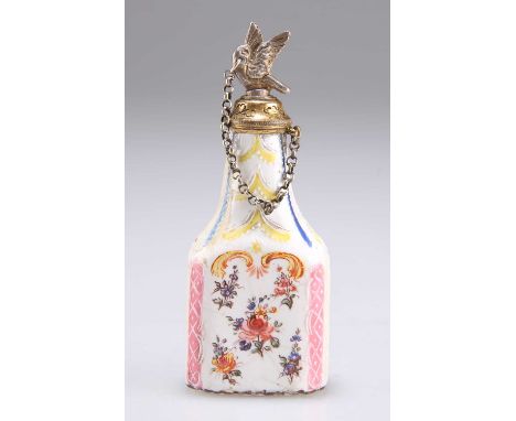 A BILSTON ENAMEL GILT-METAL MOUNTED SCENT BOTTLE c.1780, decorated with floral sprigs. 7.5cm high