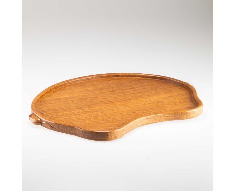 ROBERT THOMPSON OF KILBURN, A MOUSEMAN OAK TEA TRAY kidney-shaped, adzed top and sides, with twin mouse carrying handles. 45.