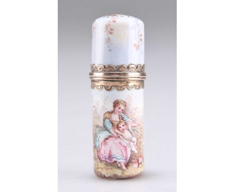 A FRENCH ENAMEL SCENT BOTTLE c.1850, cylindrical, painted with a mother and child, the mounts unmarked. 5.4cm high